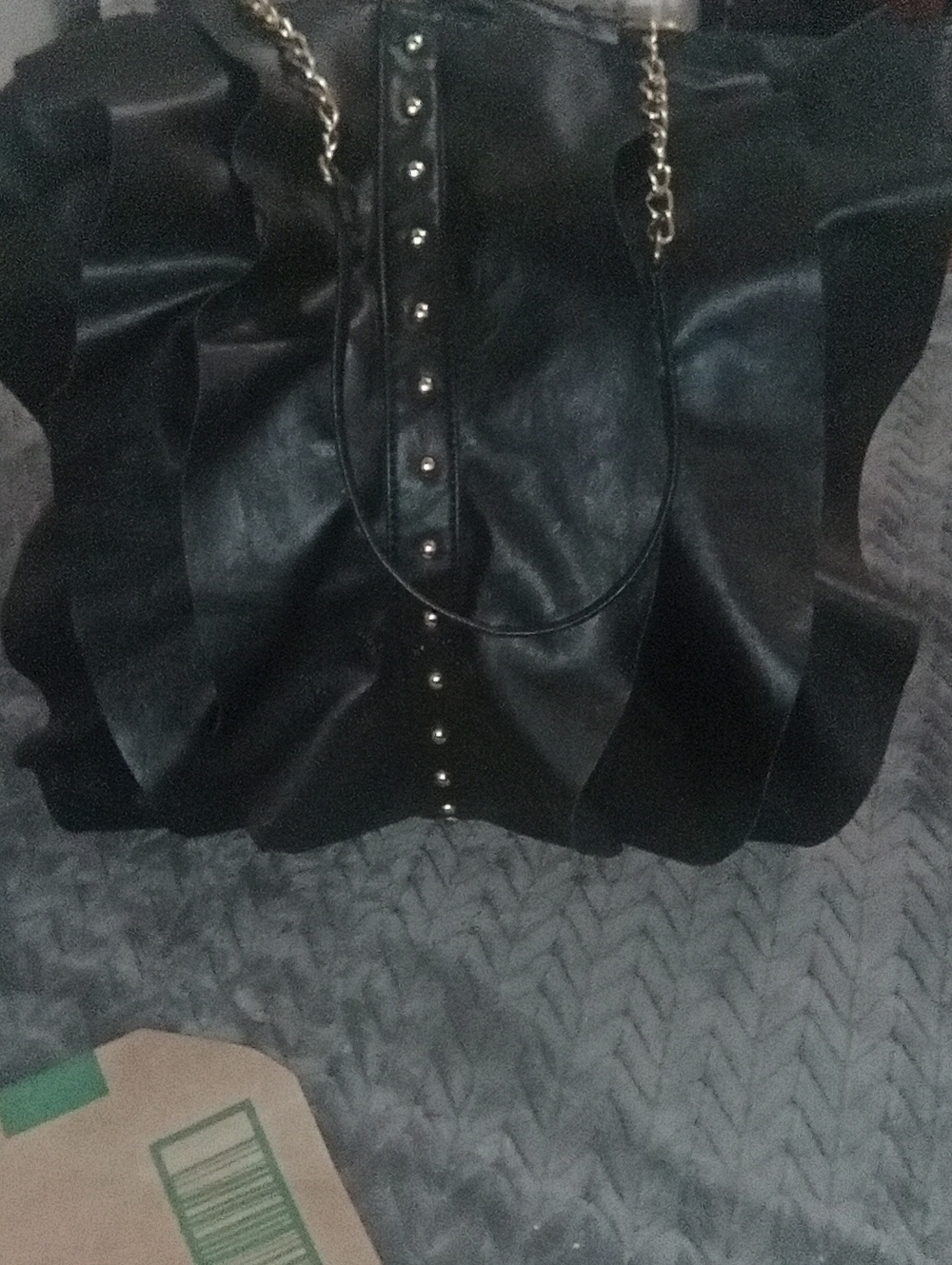 Black Ruffle Tote Bag with Stud Accent